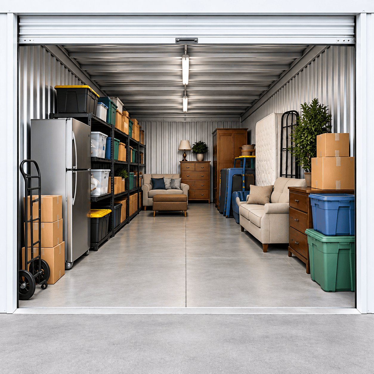 Interior of an open storage unit with furniture and boxes